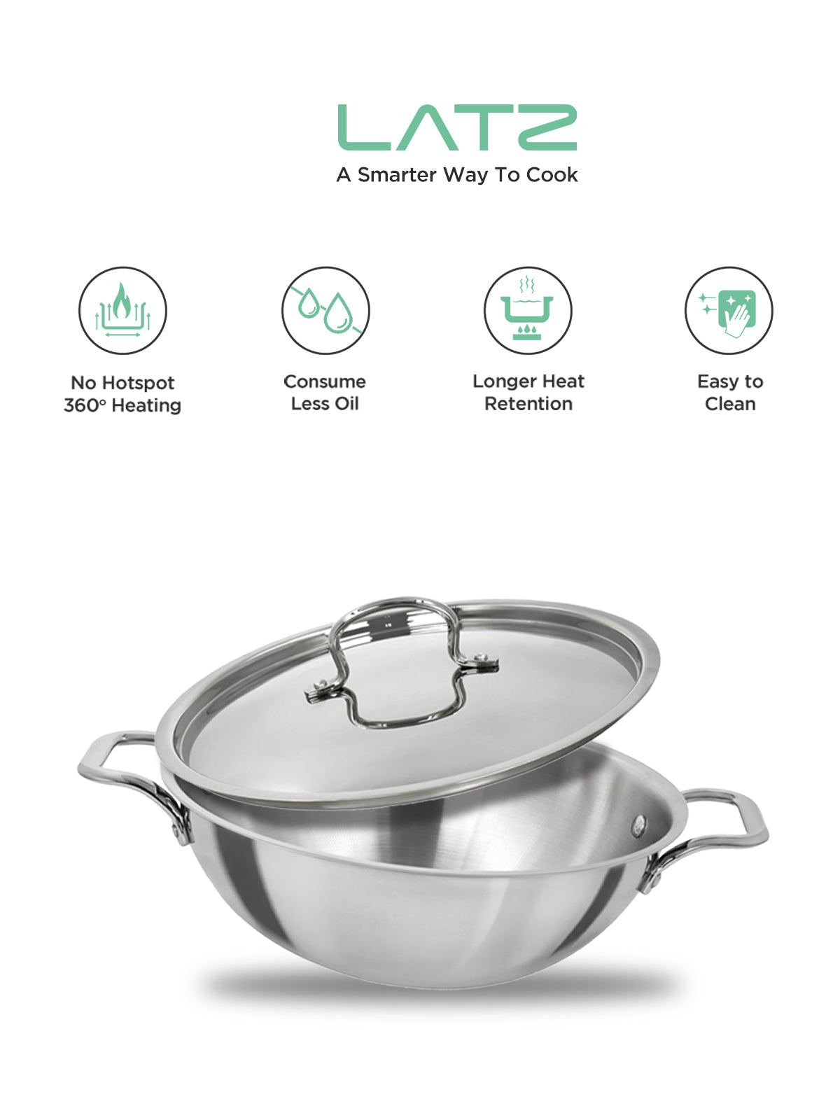 LATZ Triply Kadhai With Lid Stainless Steel Induction Bottom