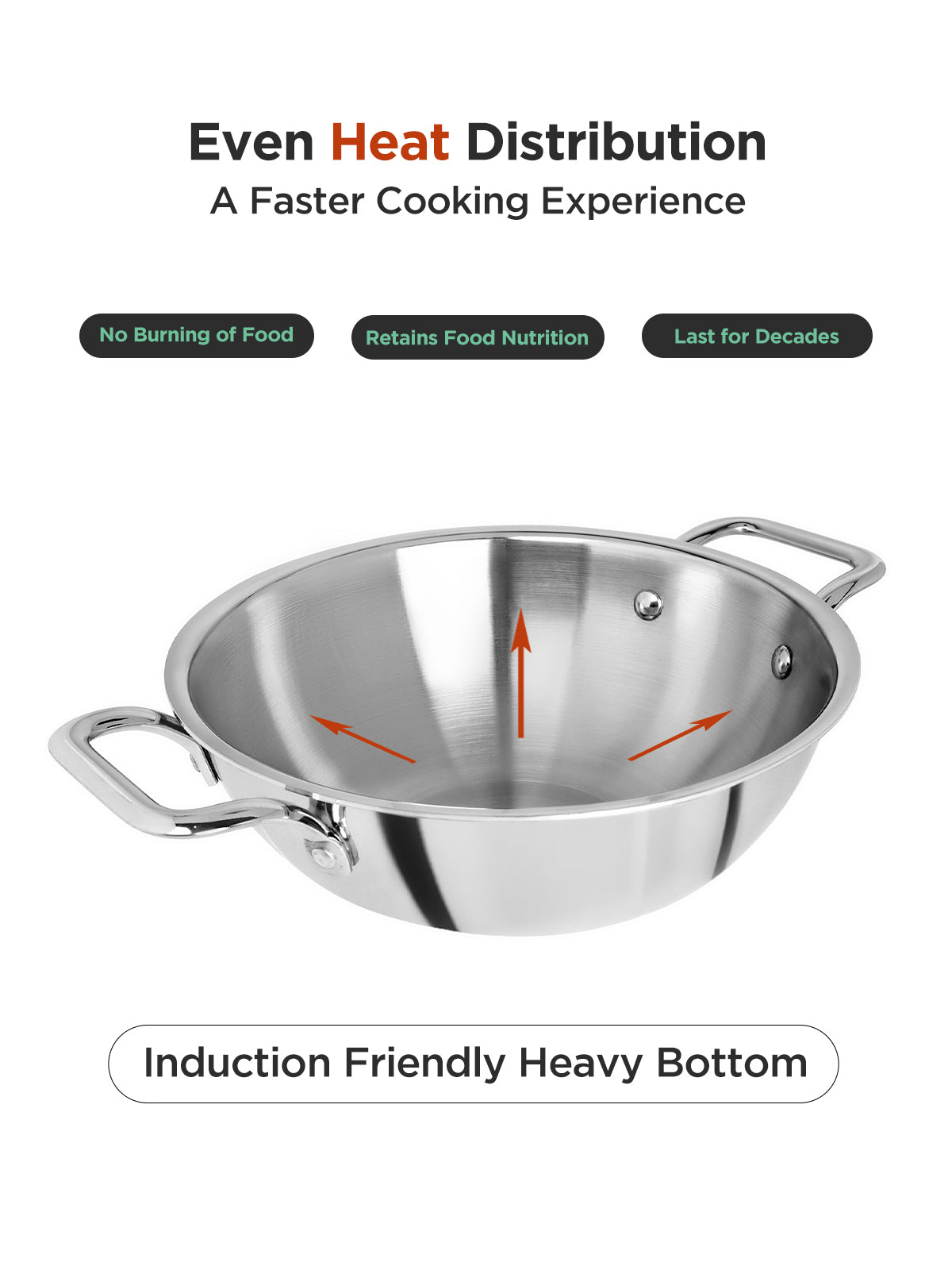 LATZ Triply Kadhai With Lid Stainless Steel Induction Bottom